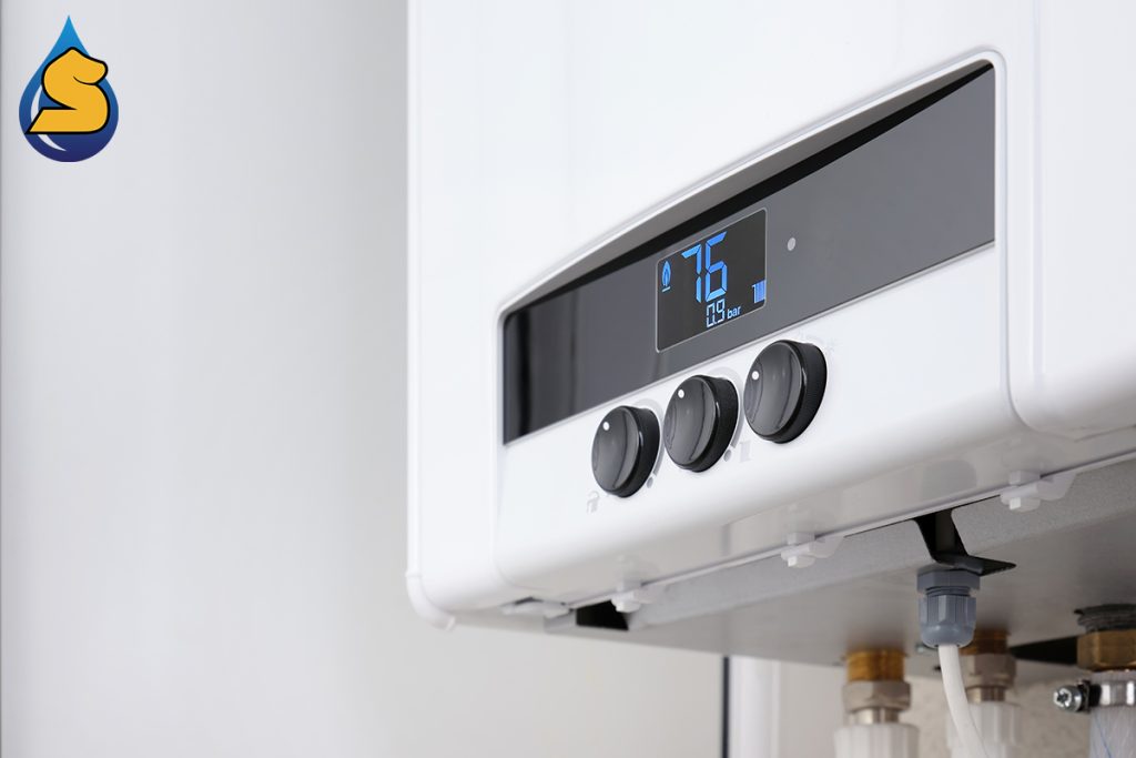 Close-up regulators a modern digital gas boiler. Setting the central heating level in a gas boiler.