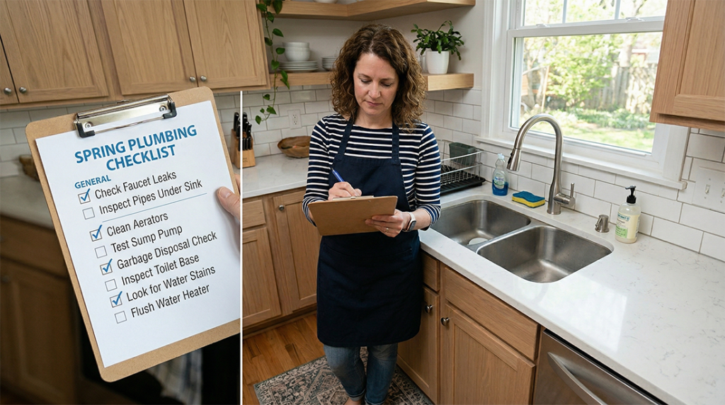 a woman standing in front of her kitchen sink with a clipboard and a checklist that says "Spring Plumbing Checklist"